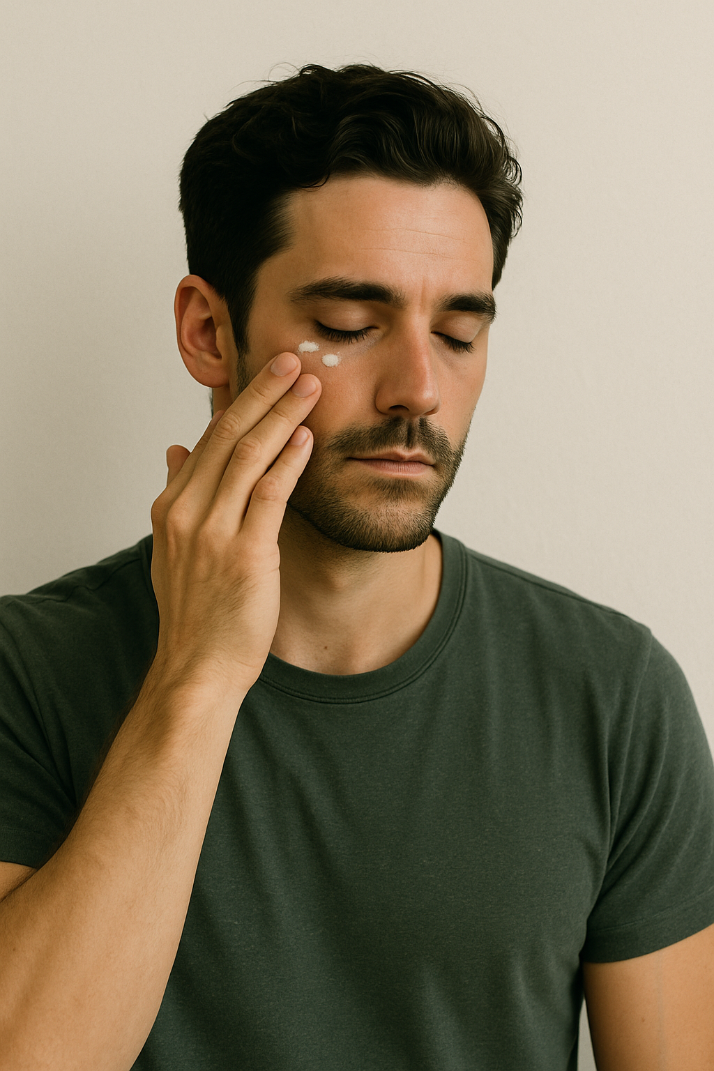 Mann mit geschlossenen Augen trägt sanft Augencreme unter dem rechten Auge auf, vor einem weißen Hintergrund – minimalistisch und gepflegt